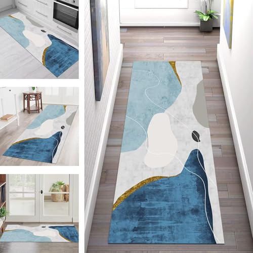 SGLGSTORE Teppich Läufer Flur Küche rutschfest Waschbar Schmutzfangmatte Blau Grau Teppichläufer Küchenläufer Teppichmatten 65X180CM Läufer Wohnzimmer Schlafzimmer Schmutzfangteppich von SGLGSTORE