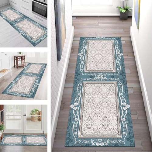 SGLGSTORE Teppich Läufer Flur Küche rutschfest Waschbar Schmutzfangmatte Blau Grau Vintage Teppichläufer Küchenläufer Teppichmatten 50X500CM Läufer Wohnzimmer Schlafzimmer Schmutzfangteppich von SGLGSTORE