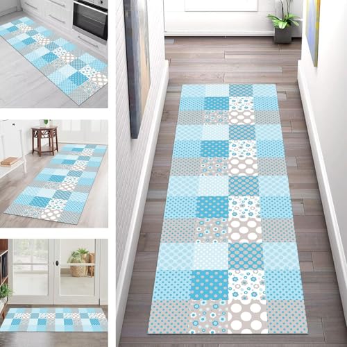 SGLGSTORE Teppich Läufer Flur Küche rutschfest Waschbar Schmutzfangmatte Blau Grau Weiß Teppichläufer Küchenläufer Teppichmatten 60X500CM Läufer Wohnzimmer Schlafzimmer Schmutzfangteppich von SGLGSTORE