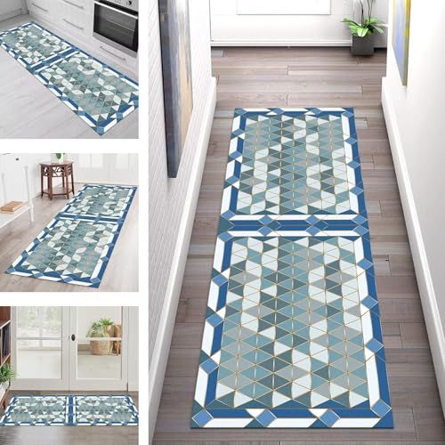 SGLGSTORE Teppich Läufer Flur Küche rutschfest Waschbar Schmutzfangmatte Blau Grün Cyan Grau Teppichläufer Kücheläufer 60X180CM Teppichmatte Meterware Wohnzimmer Schlafzimmer Schmutzfangteppich von SGLGSTORE