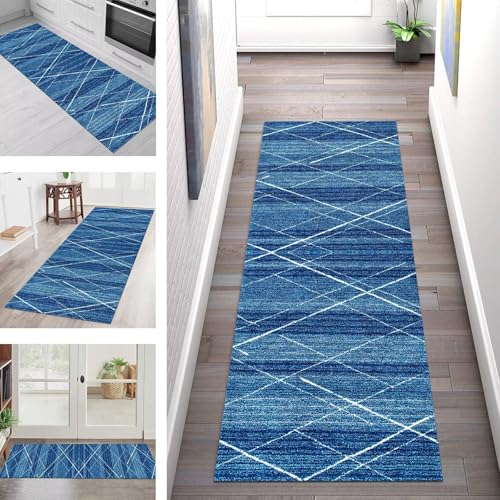SGLGSTORE Teppich Läufer Flur Küche rutschfest Waschbar Schmutzfangmatte Blau Rosa Weiß Teppichläufer Kücheläufer 80X350CM Teppichmatte Meterware Wohnzimmer Schlafzimmer Schmutzfangteppich von SGLGSTORE