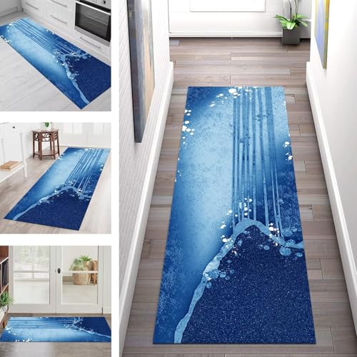 SGLGSTORE Teppich Läufer Flur Küche rutschfest Waschbar Schmutzfangmatte Blau Teppichläufer Küchenläufer Teppichmatten 50X150CM Läufer Wohnzimmer Schlafzimmer Meterware Schmutzfangteppich von SGLGSTORE