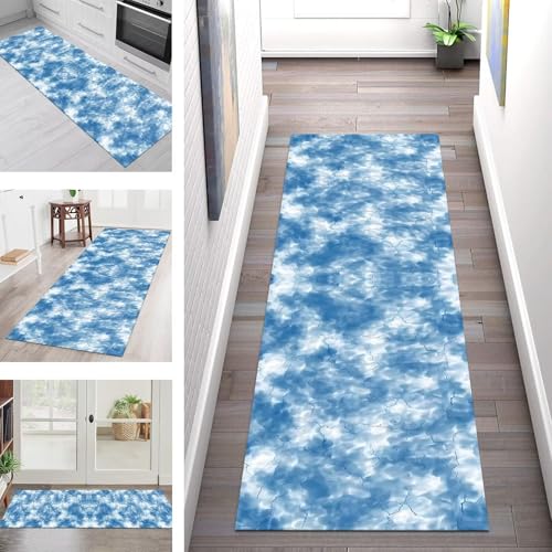 SGLGSTORE Teppich Läufer Flur Küche rutschfest Waschbar Schmutzfangmatte Blau Weiß Teppichläufer Küchenläufer Teppichmatten 100X400CM Läufer Wohnzimmer Schlafzimmer Meterware Schmutzfangteppich von SGLGSTORE