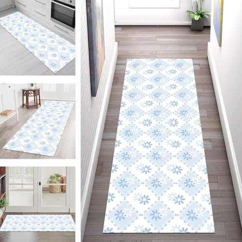 SGLGSTORE Teppich Läufer Flur Küche rutschfest Waschbar Schmutzfangmatte Blau Weiß Teppichläufer Küchenläufer Teppichmatten 50X400CM Läufer Wohnzimmer Schlafzimmer Schmutzfangteppich von SGLGSTORE