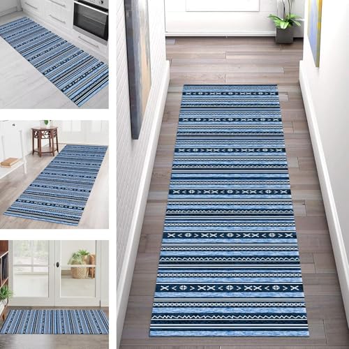 SGLGSTORE Teppich Läufer Flur Küche rutschfest Waschbar Schmutzfangmatte Blau Weiß Teppichläufer Küchenläufer Teppichmatten 90X150CM Läufer Wohnzimmer Schlafzimmer Meterware Schmutzfangteppich von SGLGSTORE