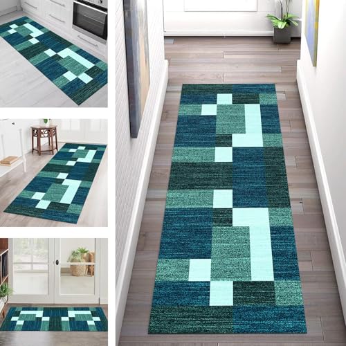 SGLGSTORE Teppich Läufer Flur Küche rutschfest Waschbar Schmutzfangmatte Blaugrün Teppichläufer Küchenläufer Teppichmatten 100X400CM Läufer Wohnzimmer Schlafzimmer Meterware Schmutzfangteppich von SGLGSTORE