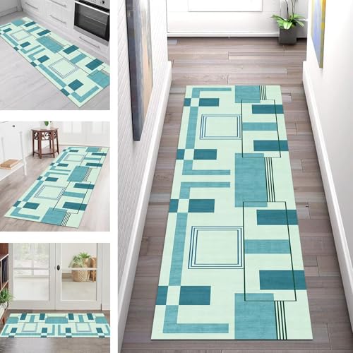 SGLGSTORE Teppich Läufer Flur Küche rutschfest Waschbar Schmutzfangmatte Blaugrün Teppichläufer Küchenläufer Teppichmatten 90X400CM Läufer Wohnzimmer Schlafzimmer Meterware Schmutzfangteppich von SGLGSTORE