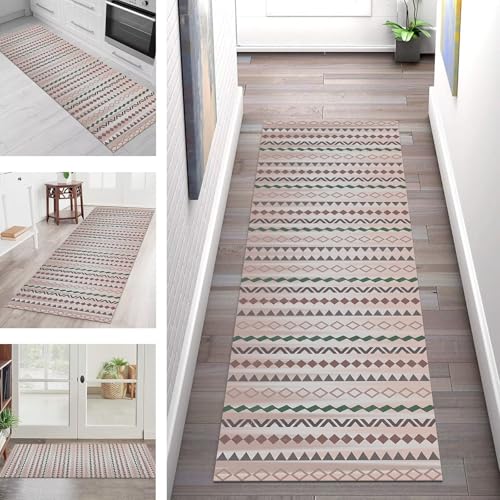 SGLGSTORE Teppich Läufer Flur Küche rutschfest Waschbar Schmutzfangmatte Boho 120X350CM Teppichläufer Kücheläufer Rot Grün Grau Teppichmatte Meterware Wohnzimmer Schlafzimmer Schmutzfangteppich von SGLGSTORE