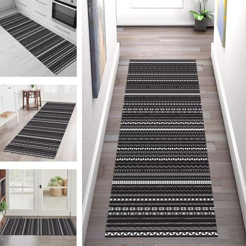SGLGSTORE Teppich Läufer Flur Küche rutschfest Waschbar Schmutzfangmatte Boho 120X450CM Teppichläufer Kücheläufer Schwarz Weiß Teppichmatte Meterware Wohnzimmer Schlafzimmer Schmutzfangteppich von SGLGSTORE
