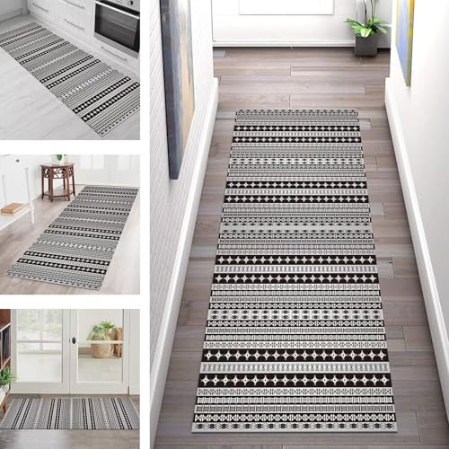 SGLGSTORE Teppich Läufer Flur Küche rutschfest Waschbar Schmutzfangmatte Boho 40X90CM Teppichläufer Kücheläufer Schwarz Weiß Grau Teppichmatte Meterware Wohnzimmer Schlafzimmer Schmutzfangteppich von SGLGSTORE