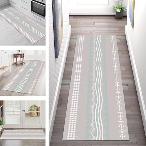 SGLGSTORE Teppich Läufer Flur Küche rutschfest Waschbar Schmutzfangmatte Boho 50X150CM Teppichläufer Kücheläufer Grau Weiß Cyan Teppichmatte Meterware Wohnzimmer Schlafzimmer Schmutzfangteppich von SGLGSTORE