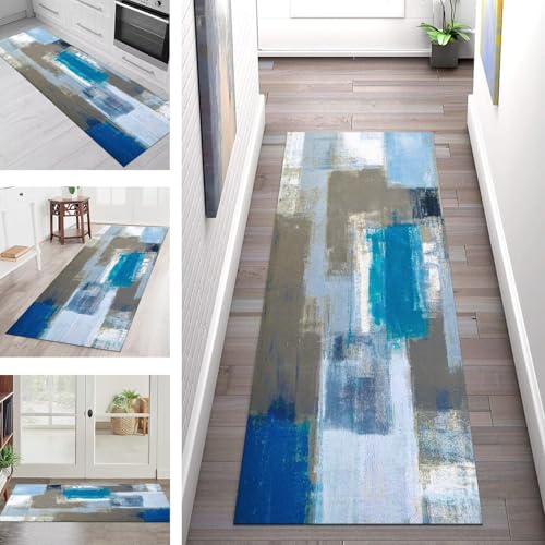 SGLGSTORE Teppich Läufer Flur Küche rutschfest Waschbar Schmutzfangmatte Braun Blau Weiß Teppichläufer Küchenläufer Teppichmatten 110X350CM Läufer Wohnzimmer Schlafzimmer Meterware Schmutzfangteppich von SGLGSTORE