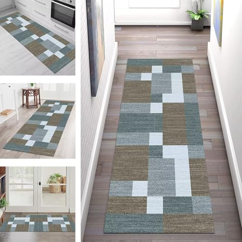 SGLGSTORE Teppich Läufer Flur Küche rutschfest Waschbar Schmutzfangmatte Braun Cyan Blau Teppichläufer Küchenläufer Teppichmatten 40X400CM Läufer Wohnzimmer Schlafzimmer Meterware Schmutzfangteppich von SGLGSTORE