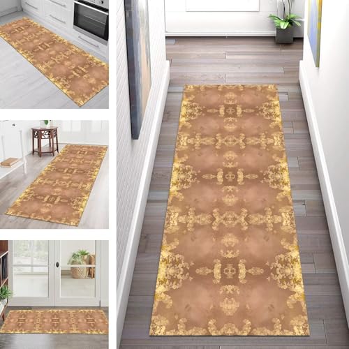 SGLGSTORE Teppich Läufer Flur Küche rutschfest Waschbar Schmutzfangmatte Braun Gelb Abstrakt Teppichläufer Kücheläufer 110X450CM Teppichmatte Meterware Wohnzimmer Schlafzimmer Schmutzfangteppich von SGLGSTORE