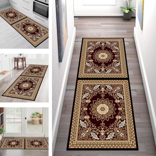 SGLGSTORE Teppich Läufer Flur Küche rutschfest Waschbar Schmutzfangmatte Braun Retro Rot Teppichläufer Küchenläufer Teppichmatten 70X500CM Läufer Wohnzimmer Schlafzimmer Schmutzfangteppich von SGLGSTORE