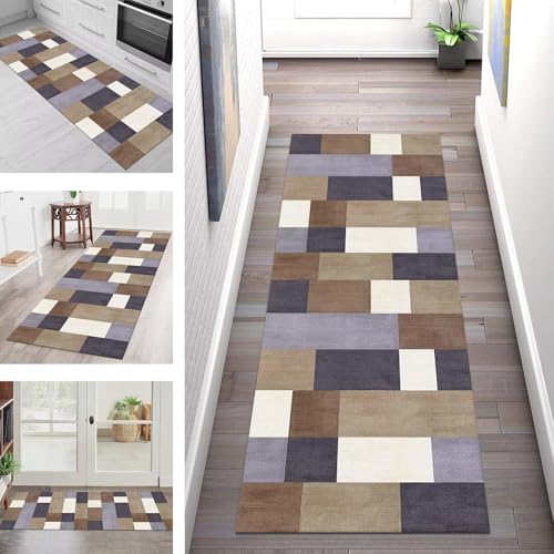 SGLGSTORE Teppich Läufer Flur Küche rutschfest Waschbar Schmutzfangmatte Braun Violett Weiß Teppichläufer Kücheläufer 90X120CM Teppichmatte Meterware Wohnzimmer Schlafzimmer Schmutzfangteppich von SGLGSTORE