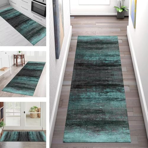 SGLGSTORE Teppich Läufer Flur Küche rutschfest Waschbar Schmutzfangmatte Cyan Grau Schwarz Teppichläufer Kücheläufer 110X200CM Teppichmatte Meterware Wohnzimmer Schlafzimmer Schmutzfangteppich von SGLGSTORE