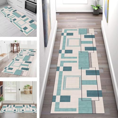 SGLGSTORE Teppich Läufer Flur Küche rutschfest Waschbar Schmutzfangmatte Cyan Grau Teppichläufer Küchenläufer Teppichmatten 100X400CM Läufer Wohnzimmer Schlafzimmer Meterware Schmutzfangteppich von SGLGSTORE