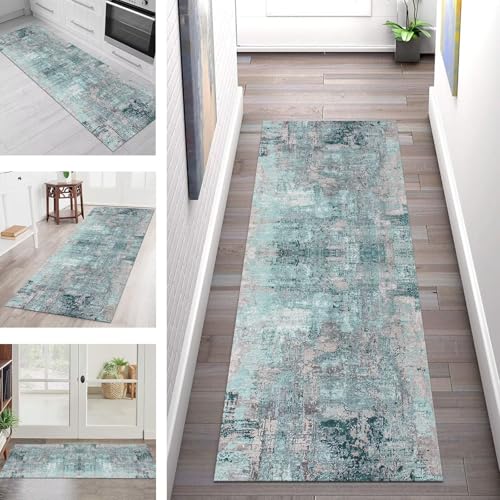 SGLGSTORE Teppich Läufer Flur Küche rutschfest Waschbar Schmutzfangmatte Cyan Grau Teppichläufer Küchenläufer Teppichmatten 60X210CM Läufer Wohnzimmer Schlafzimmer Meterware Schmutzfangteppich von SGLGSTORE