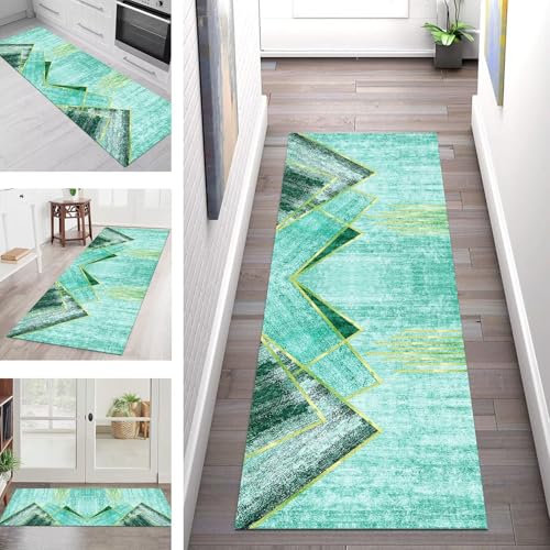 SGLGSTORE Teppich Läufer Flur Küche rutschfest Waschbar Schmutzfangmatte Cyan Grün Gelb Teppichläufer Küchenläufer Teppichmatten 90X400CM Läufer Wohnzimmer Schlafzimmer Meterware Schmutzfangteppich von SGLGSTORE