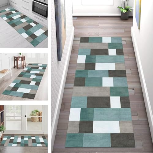 SGLGSTORE Teppich Läufer Flur Küche rutschfest Waschbar Schmutzfangmatte Cyan Grün Grau Teppichläufer Kücheläufer 80X500CM Teppichmatte Meterware Wohnzimmer Schlafzimmer Schmutzfangteppich von SGLGSTORE