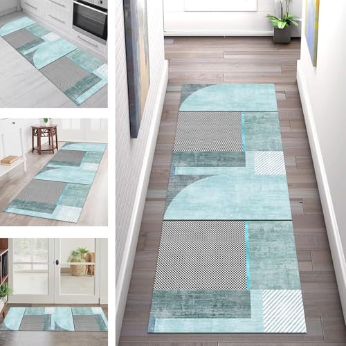 SGLGSTORE Teppich Läufer Flur Küche rutschfest Waschbar Schmutzfangmatte Cyan Schwarz Teppichläufer Küchenläufer Teppichmatten 80X180CM Läufer Wohnzimmer Schlafzimmer Meterware Schmutzfangteppich von SGLGSTORE