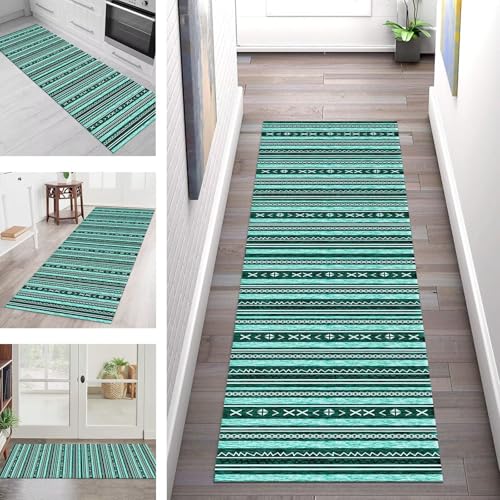 SGLGSTORE Teppich Läufer Flur Küche rutschfest Waschbar Schmutzfangmatte Cyan Weiß Teppichläufer Küchenläufer Teppichmatten 110X500CM Läufer Wohnzimmer Schlafzimmer Meterware Schmutzfangteppich von SGLGSTORE