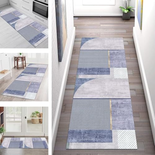 SGLGSTORE Teppich Läufer Flur Küche rutschfest Waschbar Schmutzfangmatte Dunkelblau Grau Teppichläufer Küchenläufer Teppichmatten 110X180CM Läufer Wohnzimmer Schlafzimmer Meterware Schmutzfangteppich von SGLGSTORE