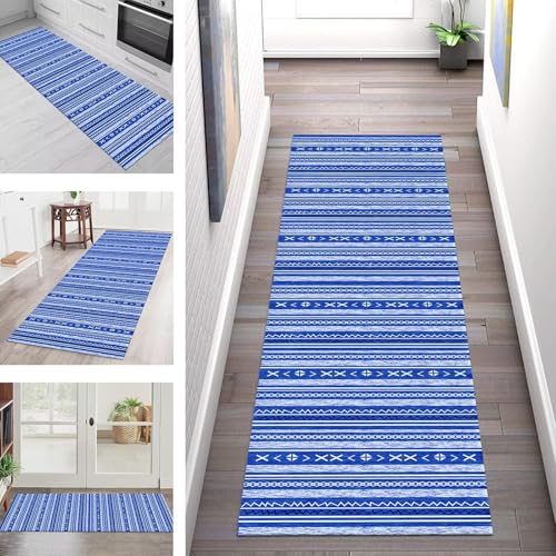SGLGSTORE Teppich Läufer Flur Küche rutschfest Waschbar Schmutzfangmatte Dunkelblau Weiß Teppichläufer Küchenläufer Teppichmatten 40X200CM Läufer Wohnzimmer Schlafzimmer Meterware Schmutzfangteppich von SGLGSTORE