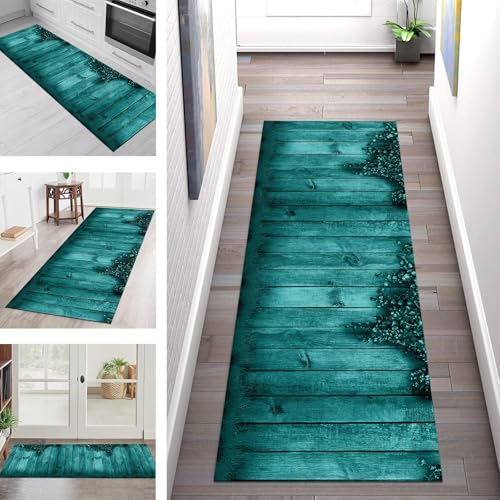 SGLGSTORE Teppich Läufer Flur Küche rutschfest Waschbar Schmutzfangmatte Dunkelcyan Teppichläufer Küchenläufer Teppichmatten 60X210CM Läufer Wohnzimmer Schlafzimmer Meterware Schmutzfangteppich von SGLGSTORE