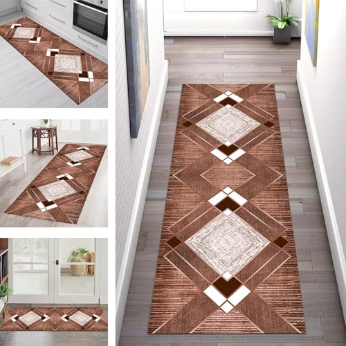 SGLGSTORE Teppich Läufer Flur Küche rutschfest Waschbar Schmutzfangmatte Flurteppich Braun Weiß Teppichläufer Kücheläufer 100X350CM Teppichmatte Meterware Wohnzimmer Schlafzimmer Schmutzfangteppich von SGLGSTORE