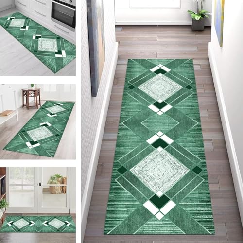 SGLGSTORE Teppich Läufer Flur Küche rutschfest Waschbar Schmutzfangmatte Flurteppich Grün Weiß Teppichläufer Kücheläufer 70X500CM Teppichmatte Meterware Wohnzimmer Schlafzimmer Schmutzfangteppich von SGLGSTORE