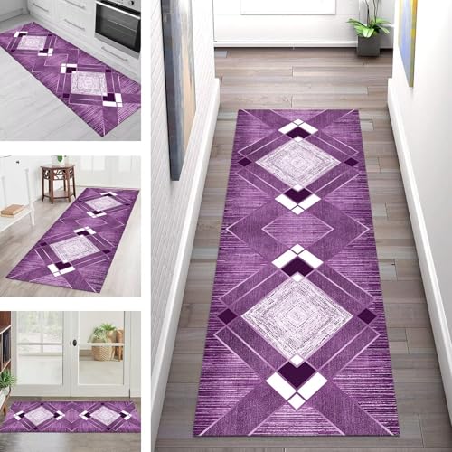 SGLGSTORE Teppich Läufer Flur Küche rutschfest Waschbar Schmutzfangmatte Flurteppich Violett Weiß Teppichläufer Kücheläufer 110X500CM Teppichmatte Meterware Wohnzimmer Schlafzimmer Schmutzfangteppich von SGLGSTORE