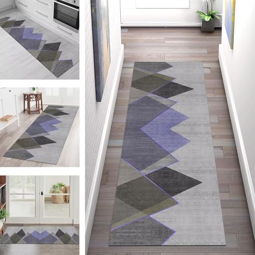 SGLGSTORE Teppich Läufer Flur Küche rutschfest Waschbar Schmutzfangmatte Grau Blau-Violett Teppichläufer Küchenläufer Teppichmatten 40X90CM Läufer Wohnzimmer Schlafzimmer Schmutzfangteppich von SGLGSTORE