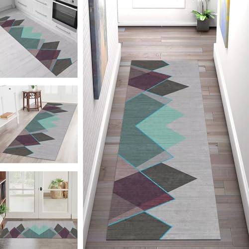 SGLGSTORE Teppich Läufer Flur Küche rutschfest Waschbar Schmutzfangmatte Grau Cyan Teppichläufer Küchenläufer Teppichmatten 90X200CM Läufer Wohnzimmer Schlafzimmer Schmutzfangteppich von SGLGSTORE