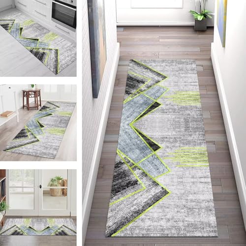 SGLGSTORE Teppich Läufer Flur Küche rutschfest Waschbar Schmutzfangmatte Grau Gelb-Grün Teppichläufer Küchenläufer Teppichmatten 40X100CM Läufer Wohnzimmer Schlafzimmer Meterware Schmutzfangteppich von SGLGSTORE