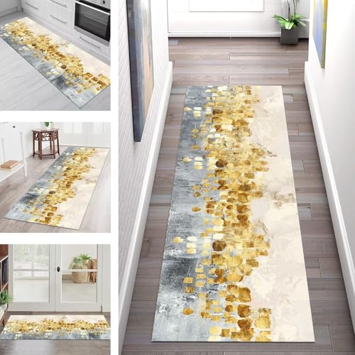 SGLGSTORE Teppich Läufer Flur Küche rutschfest Waschbar Schmutzfangmatte Grau Gelb Orange Teppichläufer Küchenläufer Teppichmatten 50X120CM Läufer Wohnzimmer Schlafzimmer Schmutzfangteppich von SGLGSTORE