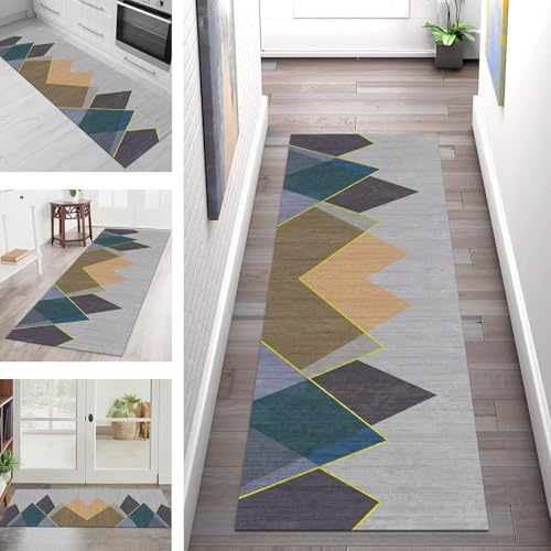 SGLGSTORE Teppich Läufer Flur Küche rutschfest Waschbar Schmutzfangmatte Grau Orange Teppichläufer Küchenläufer Teppichmatten 110X450CM Läufer Wohnzimmer Schlafzimmer Meterware Schmutzfangteppich von SGLGSTORE