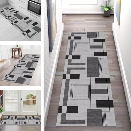 SGLGSTORE Teppich Läufer Flur Küche rutschfest Waschbar Schmutzfangmatte Grau Schwarz Teppichläufer Küchenläufer Teppichmatten 70X350CM Läufer Wohnzimmer Schlafzimmer Meterware Schmutzfangteppich von SGLGSTORE