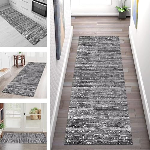 SGLGSTORE Teppich Läufer Flur Küche rutschfest Waschbar Schmutzfangmatte Grau Schwarz Teppichläufer Küchenläufer Teppichmatten 90X350CM Läufer Wohnzimmer Schlafzimmer Meterware Schmutzfangteppich von SGLGSTORE