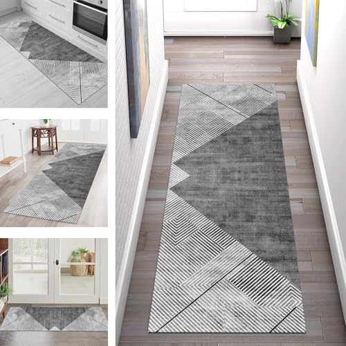 SGLGSTORE Teppich Läufer Flur Küche rutschfest Waschbar Schmutzfangmatte Grau Schwarz Teppichläufer Küchenläufer Teppichmatten 90X350CM Läufer Wohnzimmer Schlafzimmer Meterware Schmutzfangteppich von SGLGSTORE