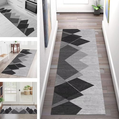 SGLGSTORE Teppich Läufer Flur Küche rutschfest Waschbar Schmutzfangmatte Grau Schwarz Teppichläufer Küchenläufer Teppichmatten 90X350CM Läufer Wohnzimmer Schlafzimmer Meterware Schmutzfangteppich von SGLGSTORE