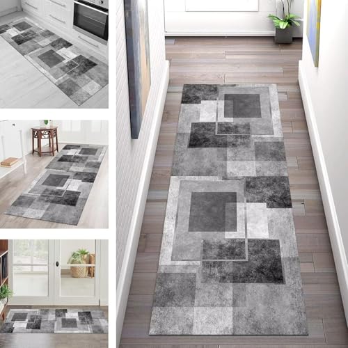 SGLGSTORE Teppich Läufer Flur Küche rutschfest Waschbar Schmutzfangmatte Grau Schwarz Teppichläufer Küchenläuferteppich 110X400CM Teppichmatte Meterware Wohnzimmer Schlafzimmer Schmutzfangteppich von SGLGSTORE