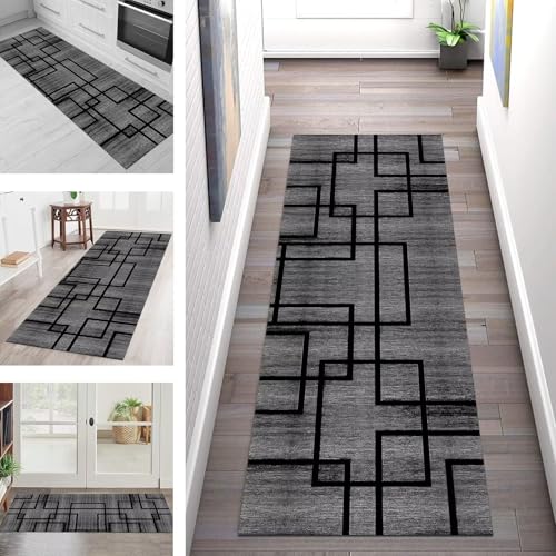 SGLGSTORE Teppich Läufer Flur Küche rutschfest Waschbar Schmutzfangmatte Grau Schwarz Teppichläufer Küchenläuferteppich 110X450CM Teppichmatte Meterware Wohnzimmer Schlafzimmer Schmutzfangteppich von SGLGSTORE