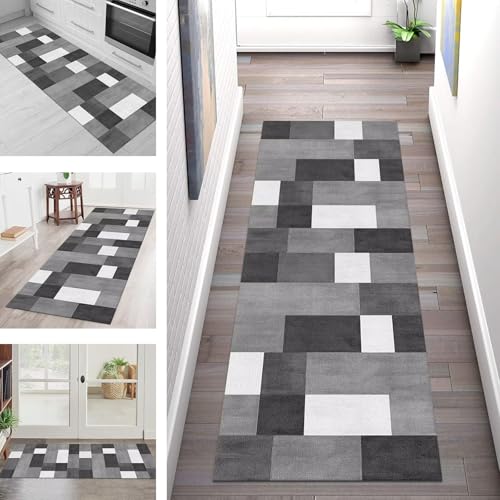 SGLGSTORE Teppich Läufer Flur Küche rutschfest Waschbar Schmutzfangmatte Grau Schwarz Weiß Teppichläufer Kücheläufer 80X500CM Teppichmatte Meterware Wohnzimmer Schlafzimmer Schmutzfangteppich von SGLGSTORE