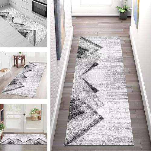SGLGSTORE Teppich Läufer Flur Küche rutschfest Waschbar Schmutzfangmatte Grau Weiß Teppichläufer Küchenläufer Teppichmatten 120X450CM Läufer Wohnzimmer Schlafzimmer Meterware Schmutzfangteppich von SGLGSTORE