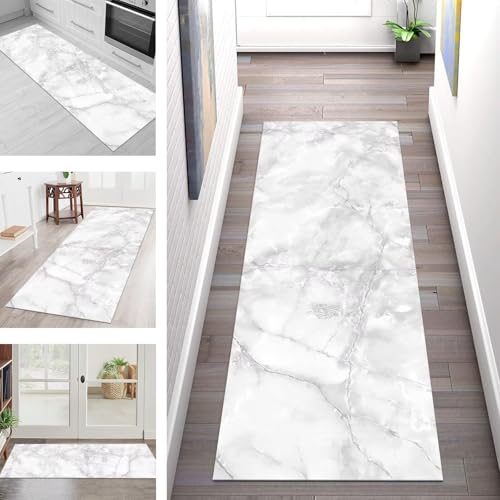 SGLGSTORE Teppich Läufer Flur Küche rutschfest Waschbar Schmutzfangmatte Grau Weiß Teppichläufer Küchenläufer Teppichmatten 80X450CM Läufer Wohnzimmer Schlafzimmer Meterware Schmutzfangteppich von SGLGSTORE