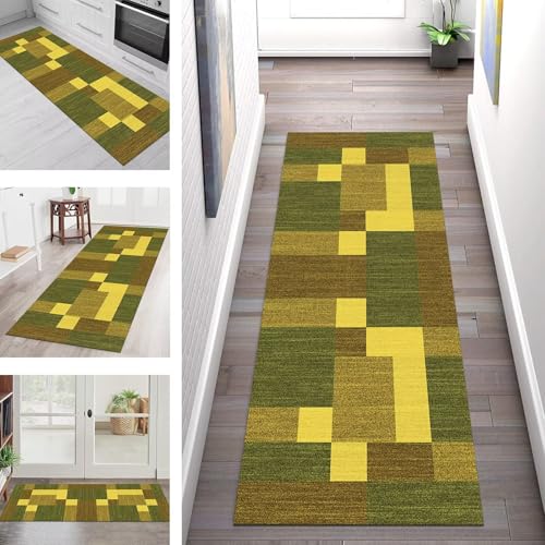 SGLGSTORE Teppich Läufer Flur Küche rutschfest Waschbar Schmutzfangmatte Grün Braun Gelb Teppichläufer Küchenläufer Teppichmatten 80X150CM Läufer Wohnzimmer Schlafzimmer Meterware Schmutzfangteppich von SGLGSTORE