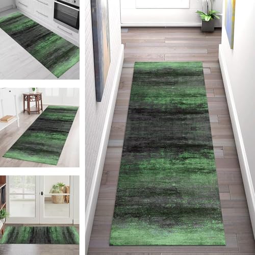 SGLGSTORE Teppich Läufer Flur Küche rutschfest Waschbar Schmutzfangmatte Grün Grau Schwarz Teppichläufer Kücheläufer 110X400CM Teppichmatte Meterware Wohnzimmer Schlafzimmer Schmutzfangteppich von SGLGSTORE