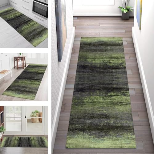 SGLGSTORE Teppich Läufer Flur Küche rutschfest Waschbar Schmutzfangmatte Grün Grau Schwarz Teppichläufer Kücheläufer 80X400CM Teppichmatte Meterware Wohnzimmer Schlafzimmer Schmutzfangteppich von SGLGSTORE